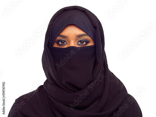 Muslim, woman and hidden face in hijab for religion, culture or tradition for modesty by png background. Islamic model, isolated and show eyes with makeup, beauty or clothes for faith, worship or eid