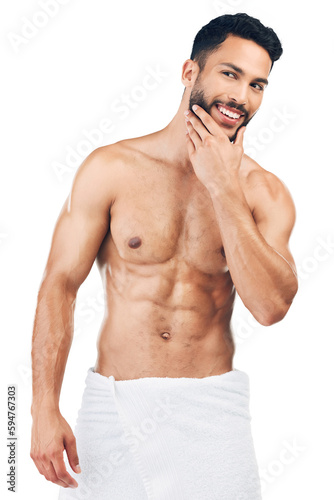 Portrait, shower or happy man with smile for body, beard or facial hair isolated on transparent png background. Wellness, cleaning or face of model washing for health, skincare or grooming for beauty