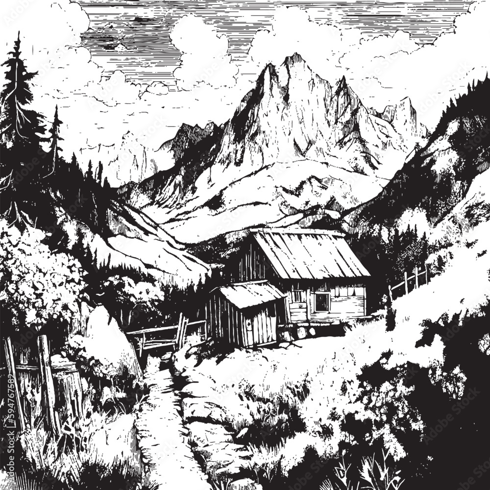 black and white vector ink illustration of small wooden house in mountains
