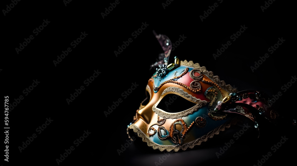 Naklejka premium Carnival mask on black. Illustration. Ai generation.