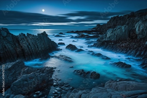 beautiful large rocky coast with light fog at night created with Generative AI technology