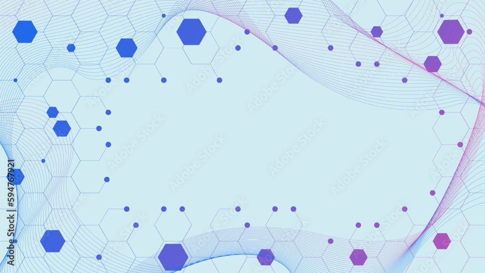 Hexagons with round shapes and wave flow on blue background for medical, chemistry, science and technology concept design. Hexagons with round shapes and wave flow on blue background for medical, chemistry, science and technology concept design.