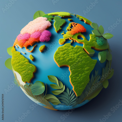 Earth day concept art. The planet earth is covered with plants and florals. Generative Ai.
