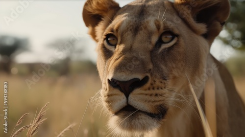 Female Lion in a cinematic savanna background with beautiful colors generative ai