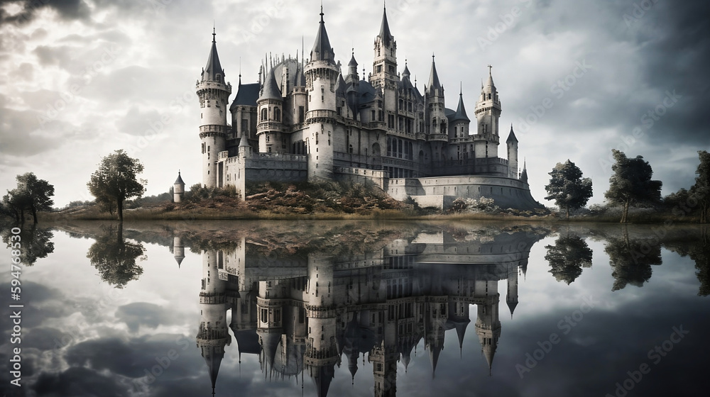 Castle reflecting in the water. Panoramic view of the castle on a cloudy day.