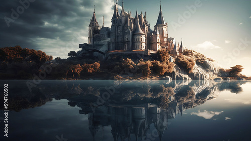 Magic castle on the lake. Fantasy landscape. 3D rendering.