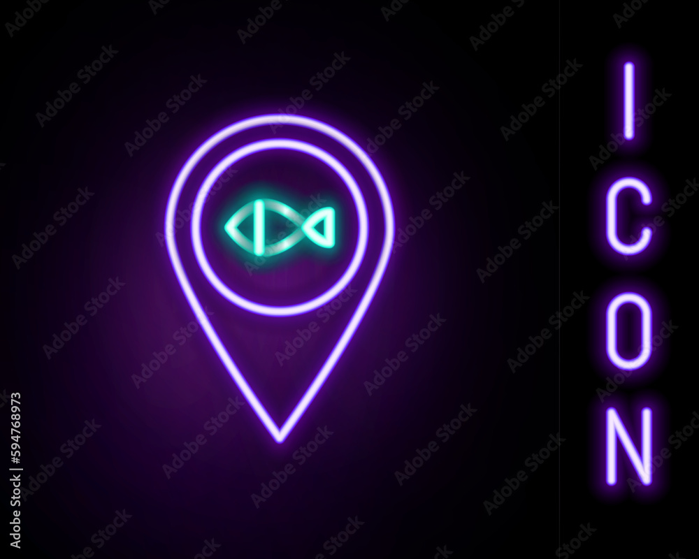 Glowing neon line Location fishing icon isolated on black background. Fishing place. Colorful outline concept. Vector Glowing neon line Location fishing icon isolated on black background. Fishing place. Colorful outline concept. Vector