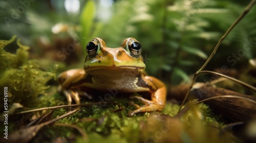 Green Frog in a cinematic jungle forest background with beautiful colors generative ai