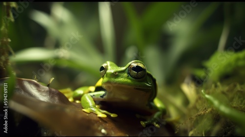 Green Frog in a cinematic jungle forest background with beautiful colors generative ai © Hixel