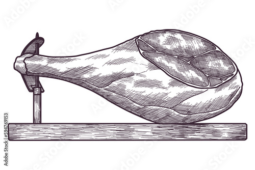 Hand drawn jamon. Gourmet meat. Isolated delicious engraving sketch. Dry cured farm natural product. Pork black and white drawing. Vector restaurant menu element illustration