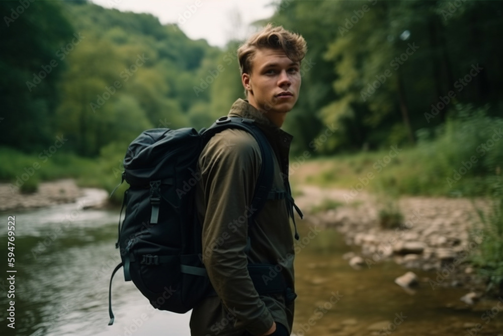 young adult man or teenage boy hikes along a river in nature with a river and trees, green beautiful nature and environment, fictional place. Generative AI young adult man or teenage boy hikes along a river in nature with a river and trees, green beautiful nature and environment, fictional place. Generative AI