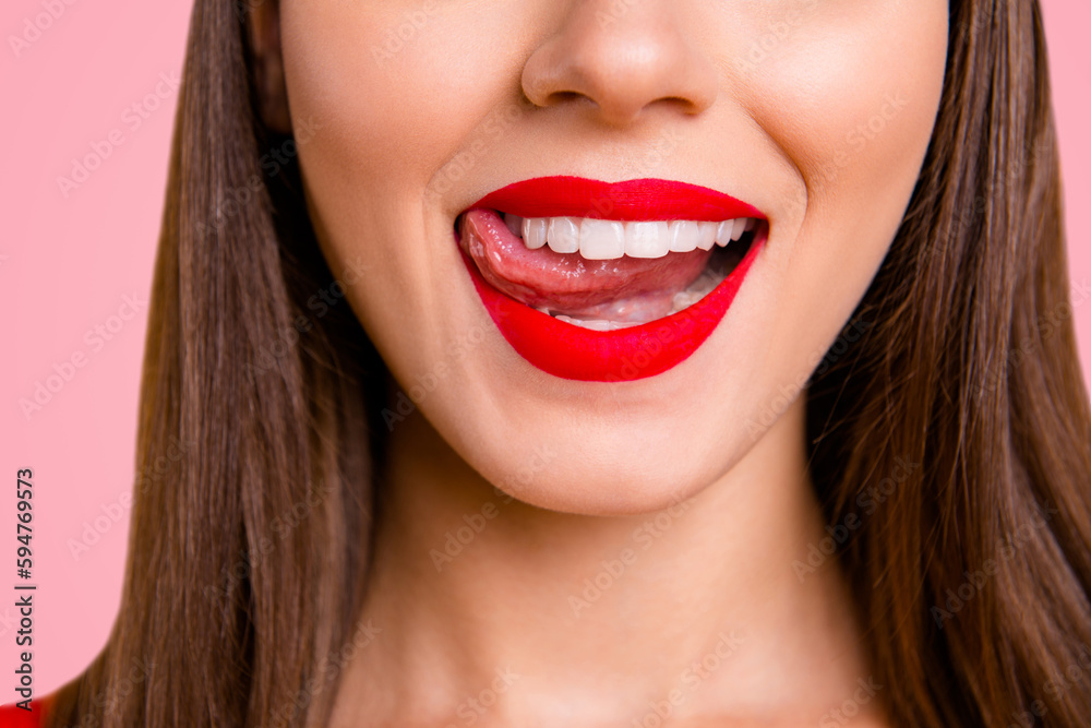 Glamour feminine person eat food concept. Half faced photo portrait of sexual naughty charming stunning beautiful pretty lips with matt lipstick ideal contour shape isolated on vivid background Glamour feminine person eat food concept. Half faced photo portrait of sexual naughty charming stunning beautiful pretty lips with matt lipstick ideal contour shape isolated on vivid background