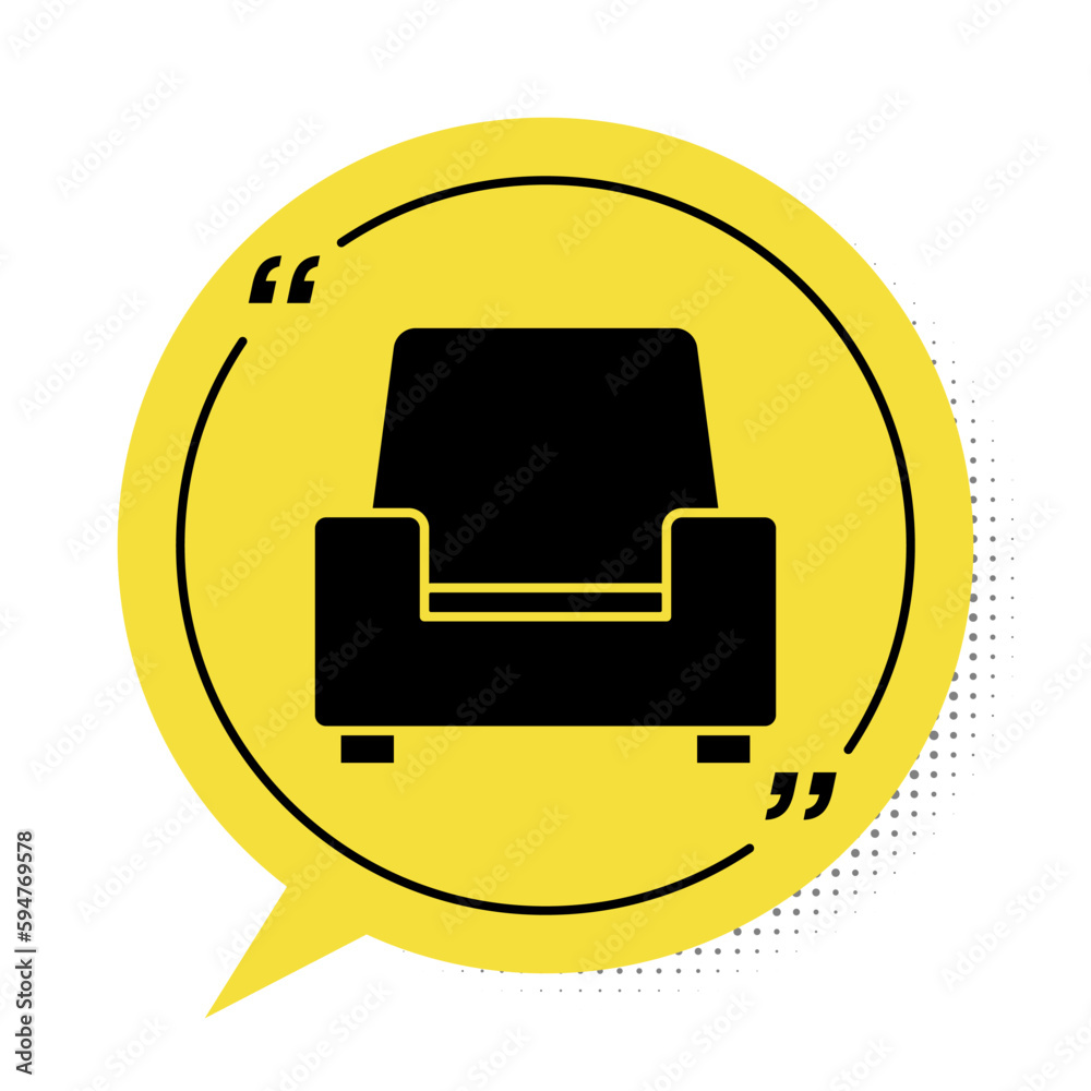 Black Armchair icon isolated on white background. Yellow speech bubble symbol. Vector Black Armchair icon isolated on white background. Yellow speech bubble symbol. Vector