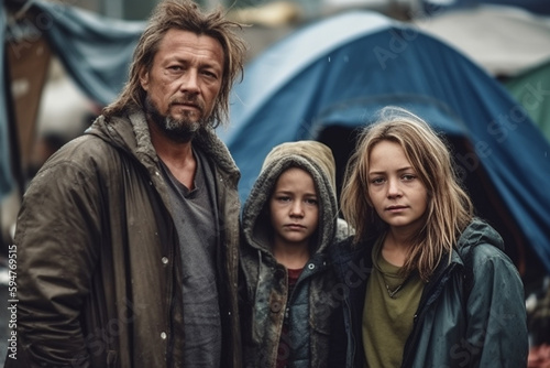 young family lives in poverty or is on the run, lives in tents in a tent city, sadness and hopelessness with dirt and rainy weather. Generative AI © wetzkaz