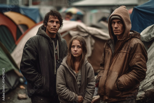 young family lives in poverty or is on the run, lives in tents in a tent city, sadness and hopelessness with dirt and rainy weather. Generative AI © wetzkaz