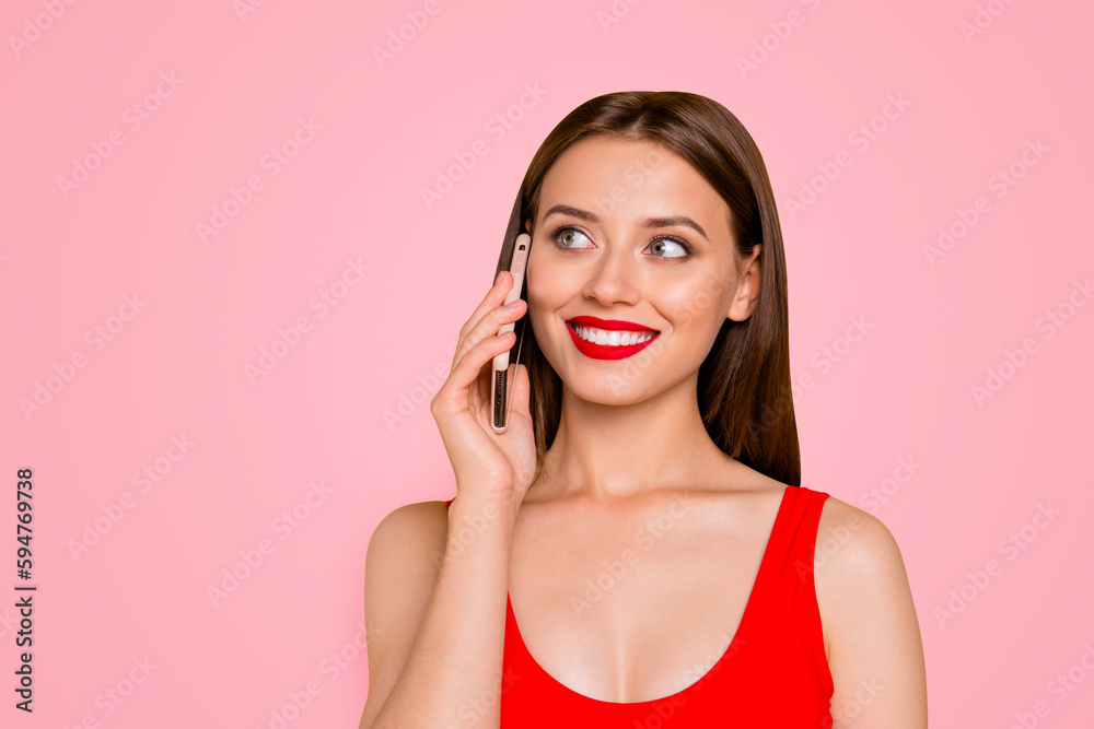 Close up photo portrait of lovely beautiful pretty gorgeous lady using holding smart phone near ear calling to friend talking about meeting isolated bright background Close up photo portrait of lovely beautiful pretty gorgeous lady using holding smart phone near ear calling to friend talking about meeting isolated bright background