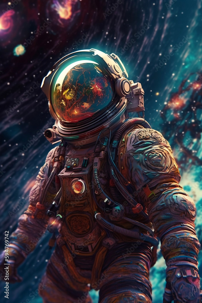 Fototapeta premium cyborg anime astronaut floating in space above a celestial body with many colors and psychedelic foreground