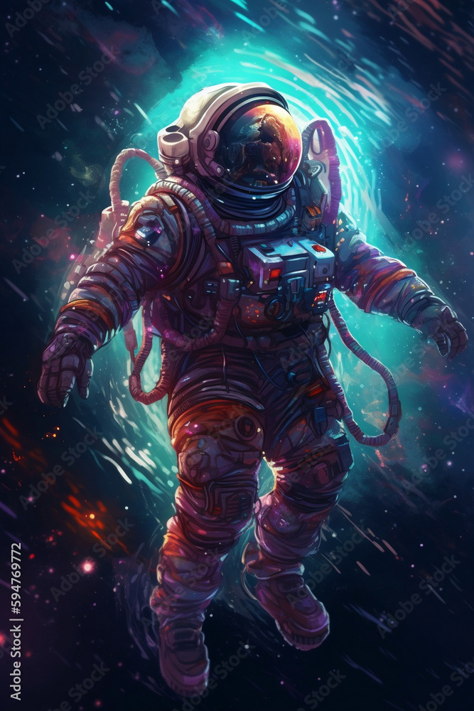 cyborg anime astronaut floating in space above a celestial body with many colors and psychedelic foreground