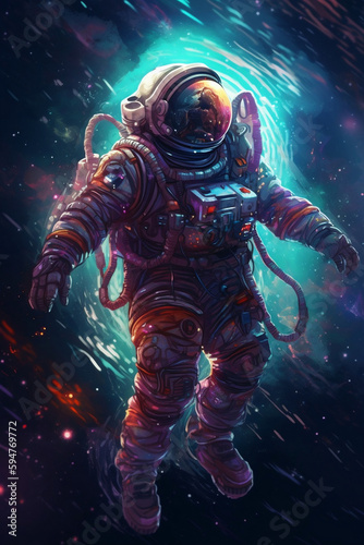 cyborg anime astronaut floating in space above a celestial body with many colors and psychedelic foreground © sagas