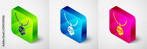 Isometric Necklace amulet icon isolated on grey background. Square button. Vector