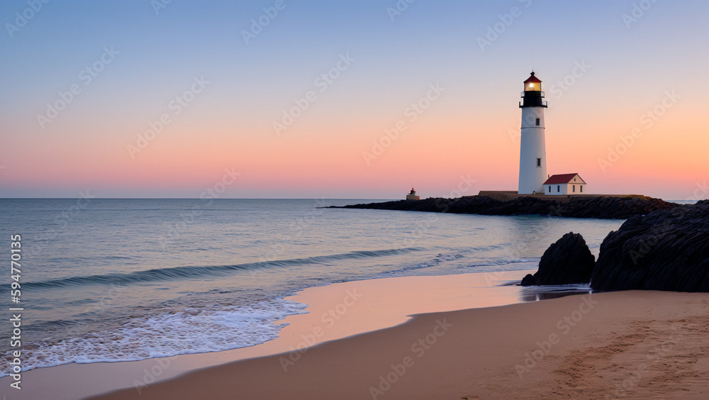Fototapeta premium blue lila sunset at empty beach with a lighthouse, generative AI