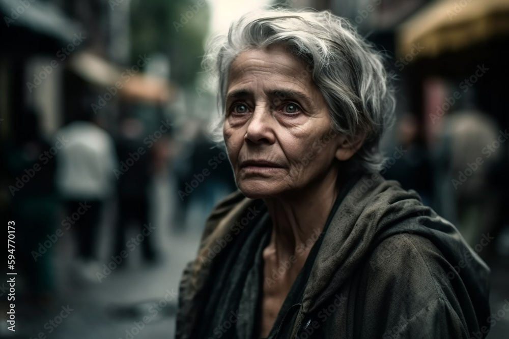an elderly woman with gray hair outside a tent, poverty or homelessness or refugee, fictional event. Generative AI