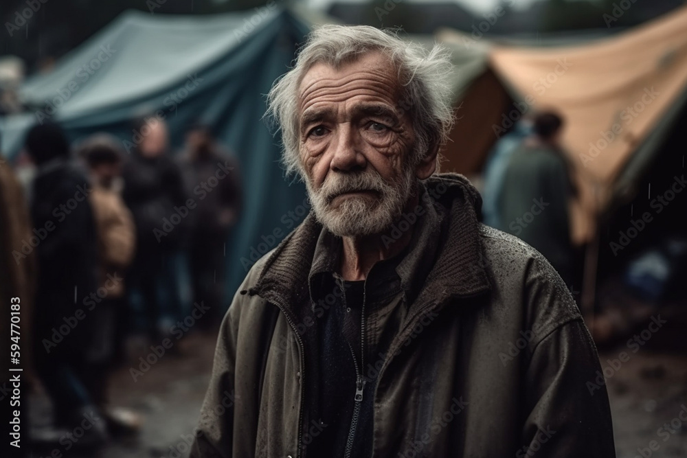 an elderly man with gray hair outside a tent, poverty or homelessness or refugee, fictional event. Generative AI