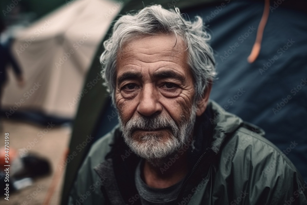 an elderly man with gray hair outside a tent, poverty or homelessness or refugee, fictional event. Generative AI an elderly man with gray hair outside a tent, poverty or homelessness or refugee, fictional event. Generative AI