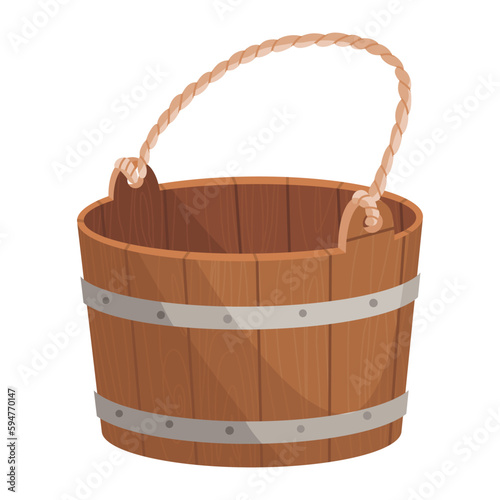 Wooden bucket with handle and without water. Container or empty pail for spa, sauna. Vector illustration isolated on white background