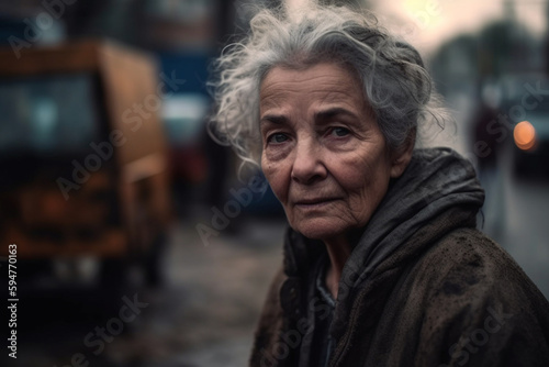 an elderly woman with gray hair outside a tent, poverty or homelessness or refugee, fictional event. Generative AI
