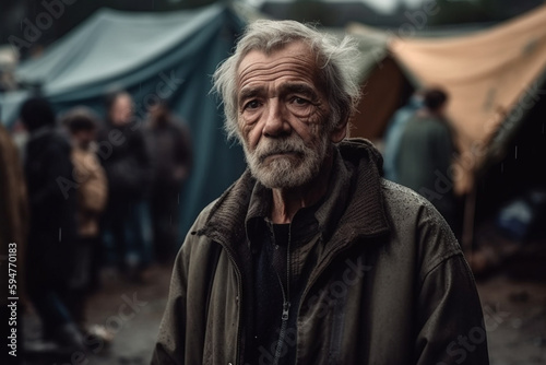 an elderly man with gray hair outside a tent, poverty or homelessness or refugee, fictional event. Generative AI © wetzkaz