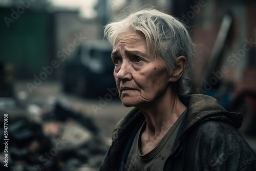 an elderly woman with gray hair outside a tent, poverty or homelessness or refugee, fictional event. Generative AI © wetzkaz