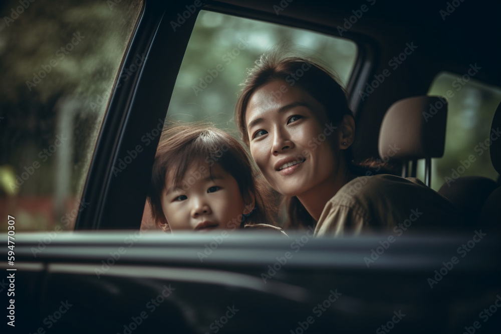 mum and daughter in the car, driving together and being on the road. Generative AI mum and daughter in the car, driving together and being on the road. Generative AI