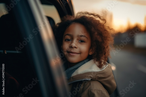 toddler girl in the car, in the back seat, looks out the window. Generative AI © wetzkaz