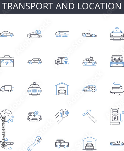 Transport and location line icons collection. ransport, Commute, Transfer, Conveyance, Shipping, Transportation, Importation vector and linear illustration. Exportation,Shipment,Haulage outline signs