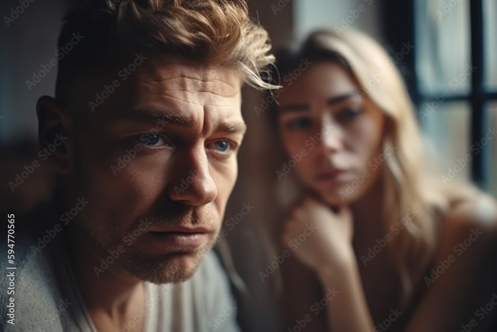 adult man and woman, couple with problems, at home by the window with gloomy expression, fictional problem. Generative AI adult man and woman, couple with problems, at home by the window with gloomy expression, fictional problem. Generative AI