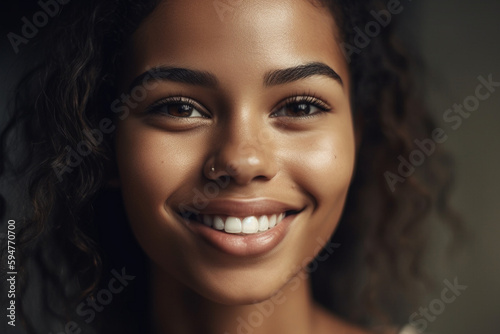 young adult woman or teenager with pretty attractive face closeup smiling. Generative AI