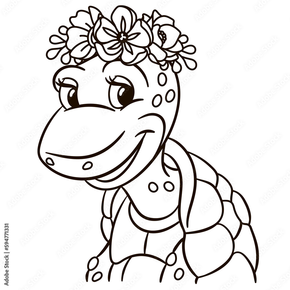 Obraz na plátně Cartoon turtle in floral crown. Cute baby animal nursery print.