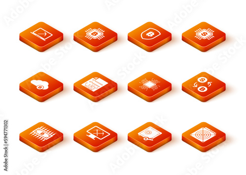 Set Cryptocurrency bitcoin with circuit, Mining monitor and pickaxe, cloud mining, Smart contract, Proof of stake and Processor icon. Vector