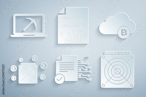 Set Smart contract, Cryptocurrency cloud mining, ASIC Miner, , and Mining with laptop and pickaxe icon. Vector