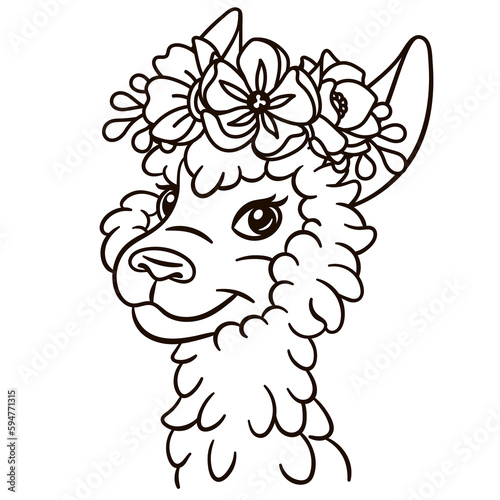 Cartoon llama alpaca in floral crown. Cute baby animal nursery print.