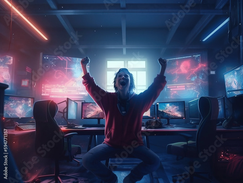 Professional eSports gamer rejoices in the victory in red blue illuminated game room. Postproducted generative AI digital illustration.