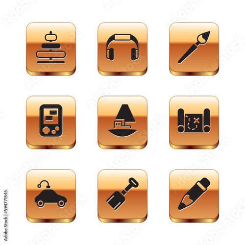 Set Pyramid toy, Radio controlled car, Shovel, Toy boat, Tetris electronic game, Paint brush, Pencil with eraser and Headphones icon. Vector