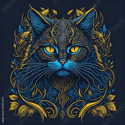 T-shirt design with realistic cat portrait. Colorful print design of cat head on dark background. AI generated illustration