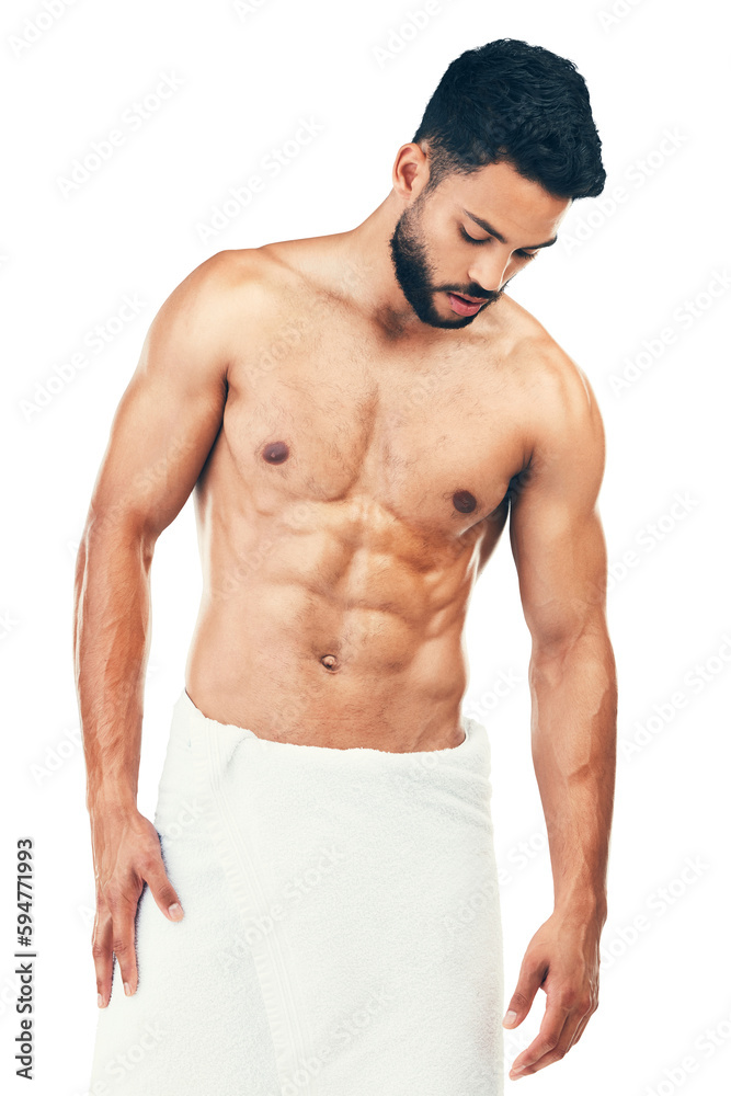 Fototapeta premium Abs, shower or man with six pack, body health or beard isolated on transparent png background. Wellness, cleaning or fitness model with stomach muscles, skincare or grooming for beauty in towel
