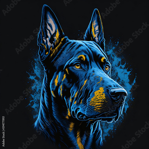 T-shirt design with realistic doberman portrait. Colorful print design of doberman, dog head on dark background. AI generated illustration