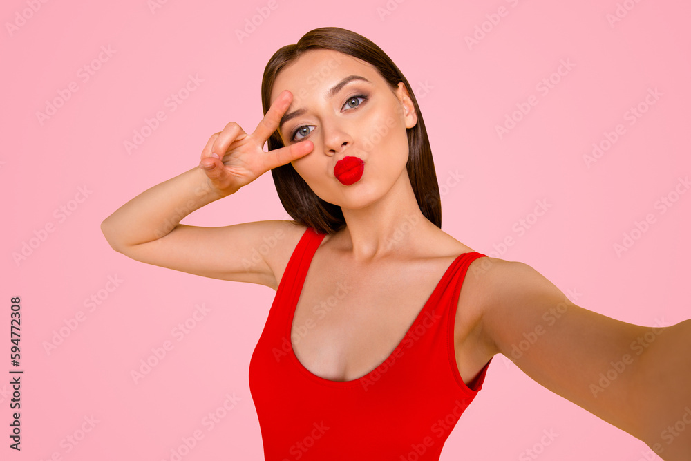 Internet connection trip tourism photographing concept. Close up photo portrait of pretty lovely cute charming gorgeous stunning lady making taking selfie isolated bright background
