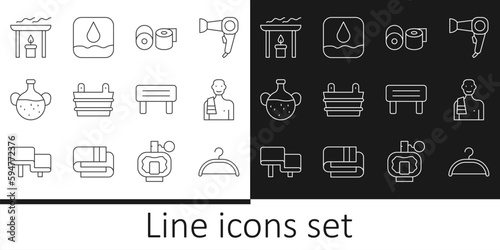 Set line Hanger wardrobe, Man in the sauna, Toilet paper roll, Sauna bucket, Essential bottle, Aroma candle, wood bench and Water drop icon. Vector