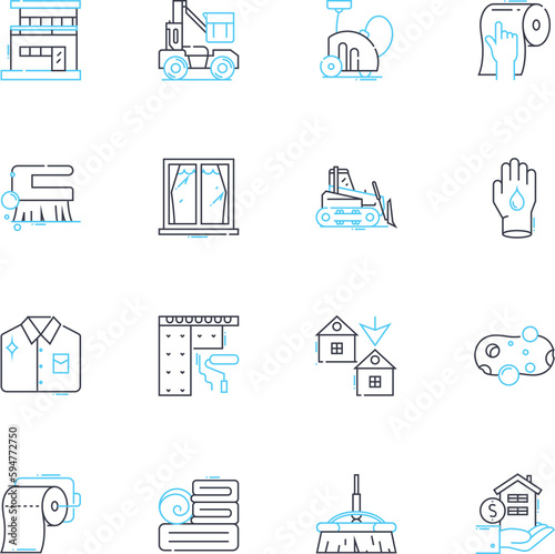 Dusting linear icons set. Cleaning, Dirt, Dust, Grime, Sanitize, Vacuuming, Polish line vector and concept signs. Sweep,Microfiber,Duster outline illustrations