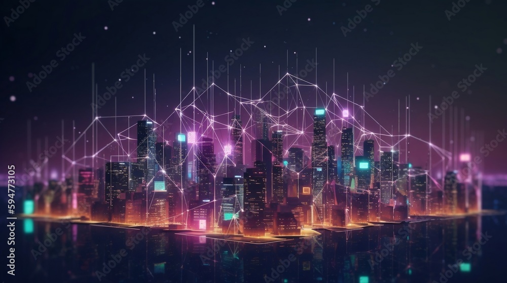 backgrounds show dynamic, geometric cityscapes inspired by the world of decentralized finance. buildings and streets are composed of polygons and fractals that dominate the skyline. generative AI